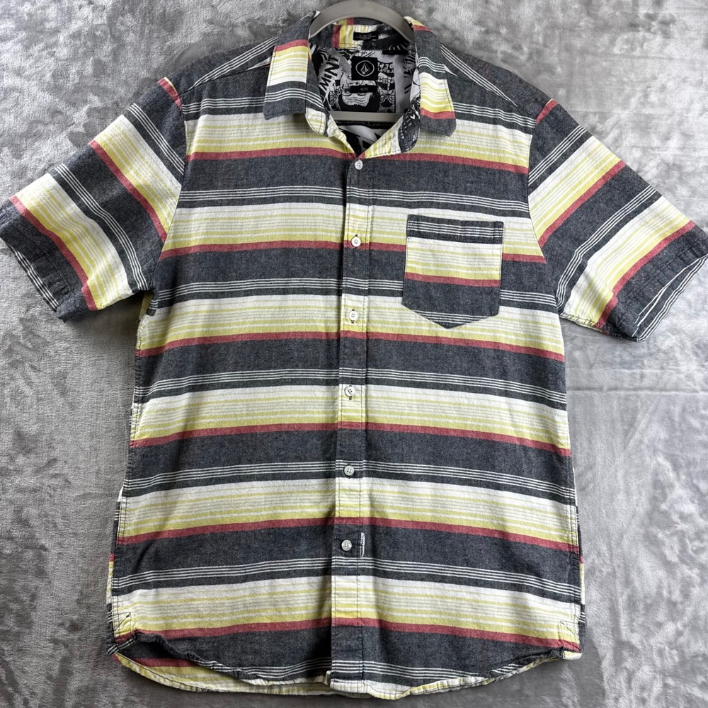 Volcom Horzy SS Shirt Men XL Gray Yellow Red Striped Slim Fit Cotton (1722)